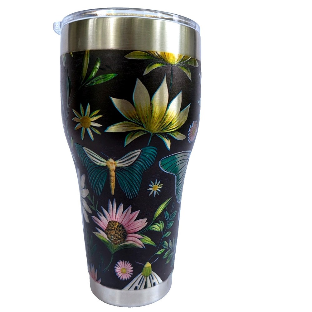 Etheral stunning butterfly floral black with metallic accents tumbler 8" tumbler